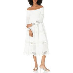 GUESS Women's Amberlee 3 Quarter Sleeve Lace-Trim Midi Dress Pure White M